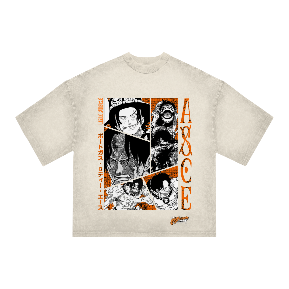 "Ace Anime T-Shirt – One Piece Oversized Beige Acid Wash Tee | Portgas D. Ace Manga Panel Streetwear"