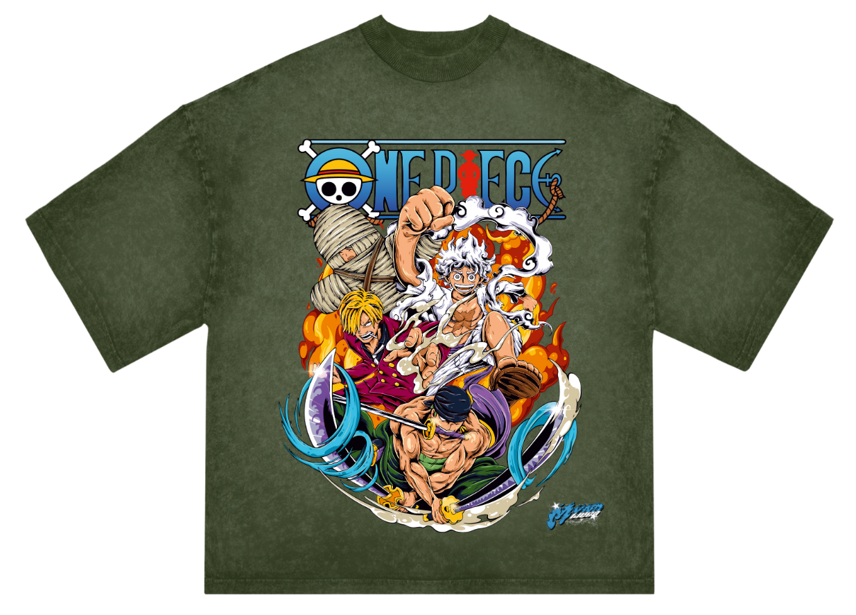 "One Piece Straw Hat Trio Anime T-Shirt – Oversized Green Acid Wash Tee | Luffy Gear 5, Zoro & Sanji Battle Streetwear"