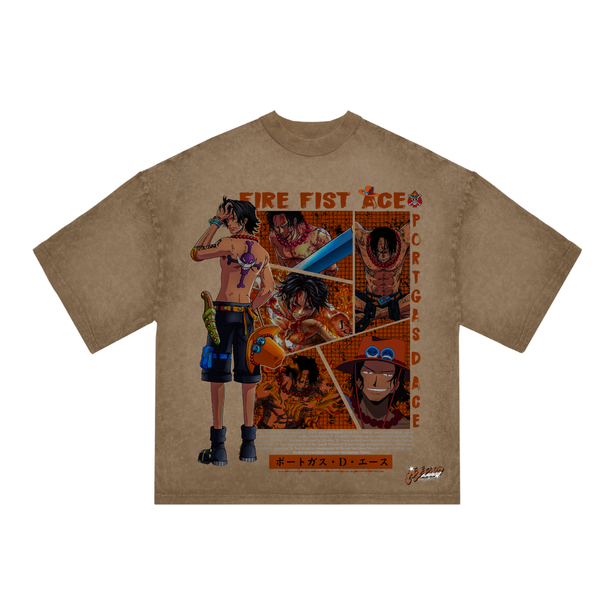 "Ace Anime T-Shirt – One Piece Oversized Brown Acid Wash Tee | Fire Fist Portgas D. Ace Manga Panel Streetwear"