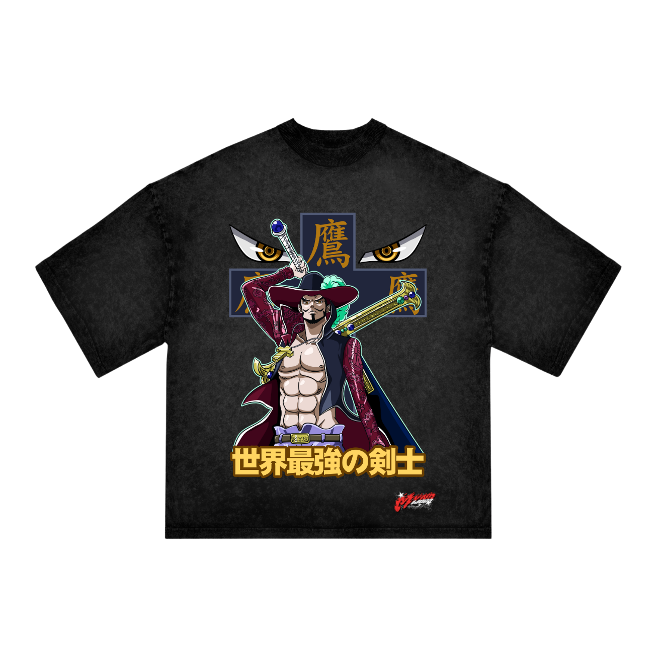 "Mihawk Anime T-Shirt – One Piece Oversized Black Acid Wash Tee | Dracule Hawkeye Mihawk Streetwear"