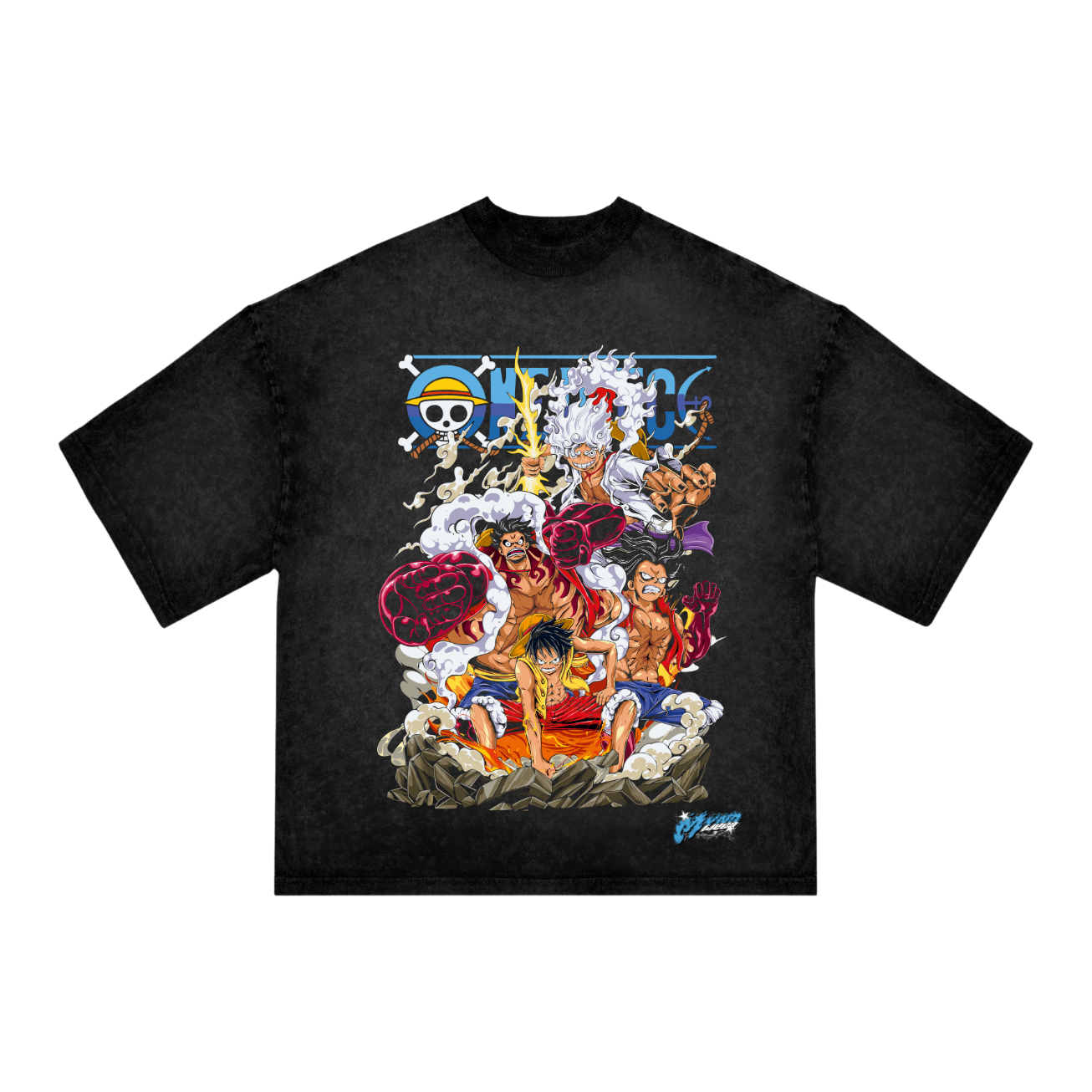 "Luffy Transformations Anime T-Shirt – One Piece Oversized Black Acid Wash Tee | Monkey D. Luffy Gear Forms Streetwear"