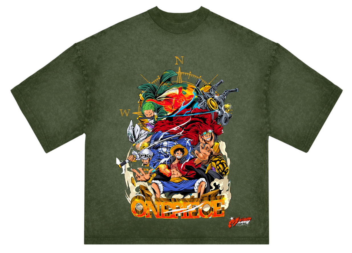 "One Piece Alliance Anime T-Shirt – Oversized Green Acid Wash Tee | Luffy, Zoro, Kid & Law Streetwear"