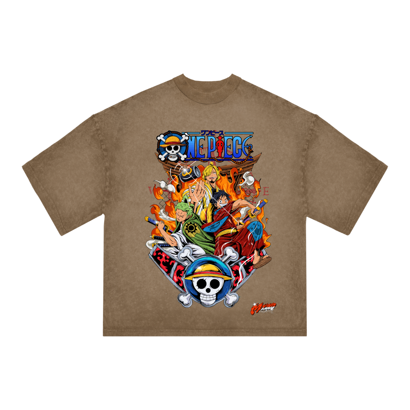 "One Piece Straw Hat Crew Anime T-Shirt – Oversized Brown Acid Wash Tee | Luffy, Zoro & Sanji Streetwear"