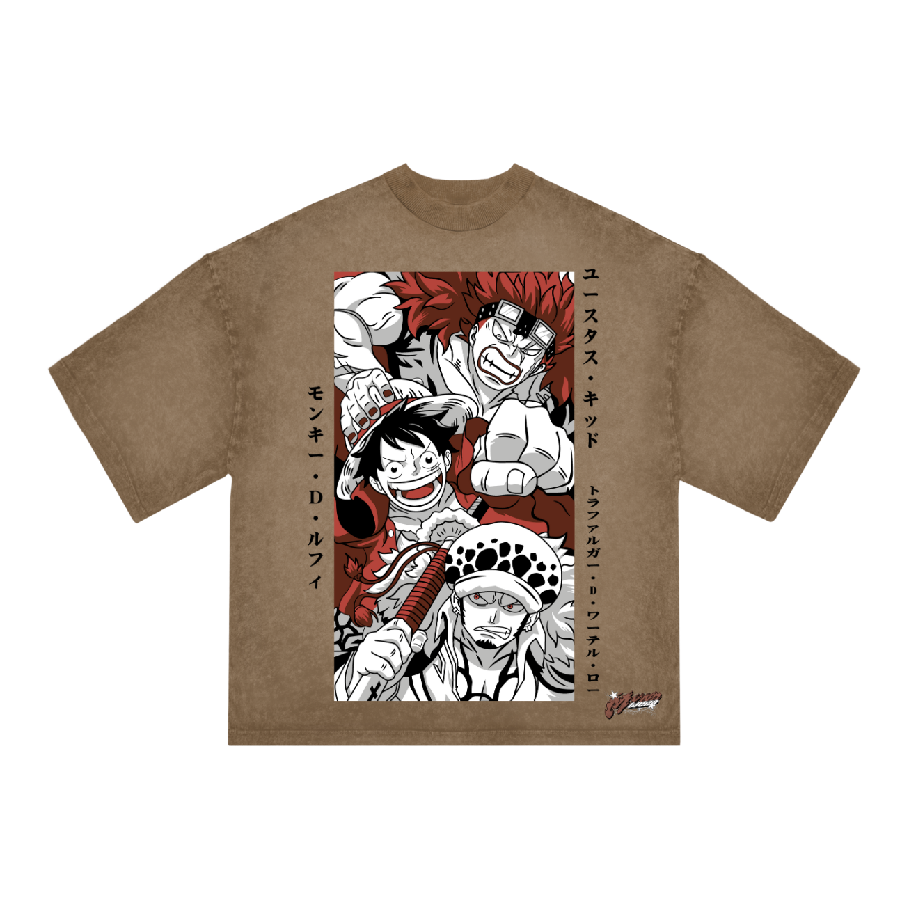 "One Piece Trio Anime T-Shirt – Oversized Brown Acid Wash Tee | Luffy, Kid & Law Monochrome Streetwear"