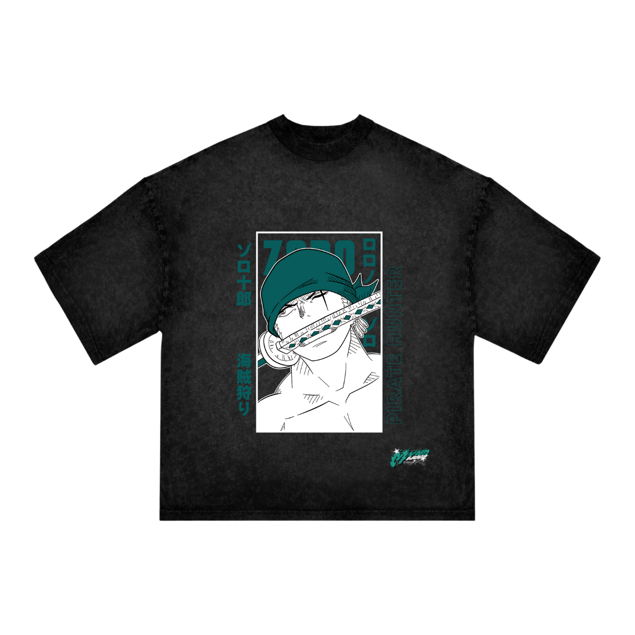 "Zoro Anime T-Shirt – One Piece Oversized Black Acid Wash Tee | Roronoa Zoro Pirate Hunter Minimal Streetwear"