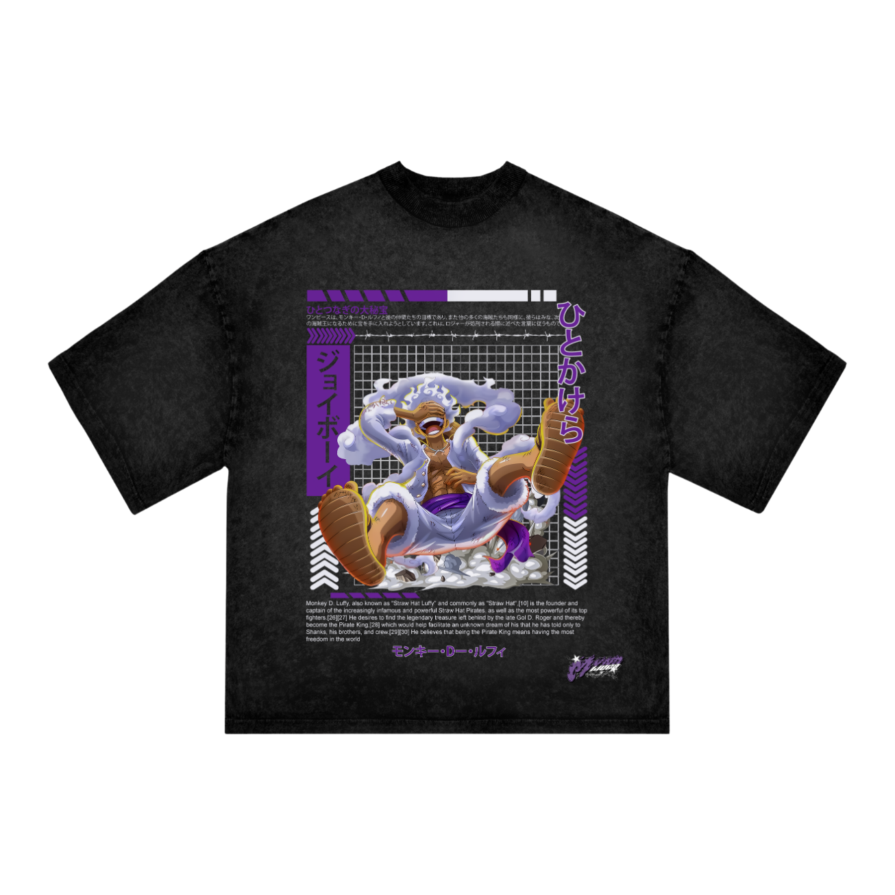 "Luffy Anime T-Shirt – One Piece Oversized Black Acid Wash Tee | Gear 5 Joy Boy Monkey D. Luffy Purple Streetwear"