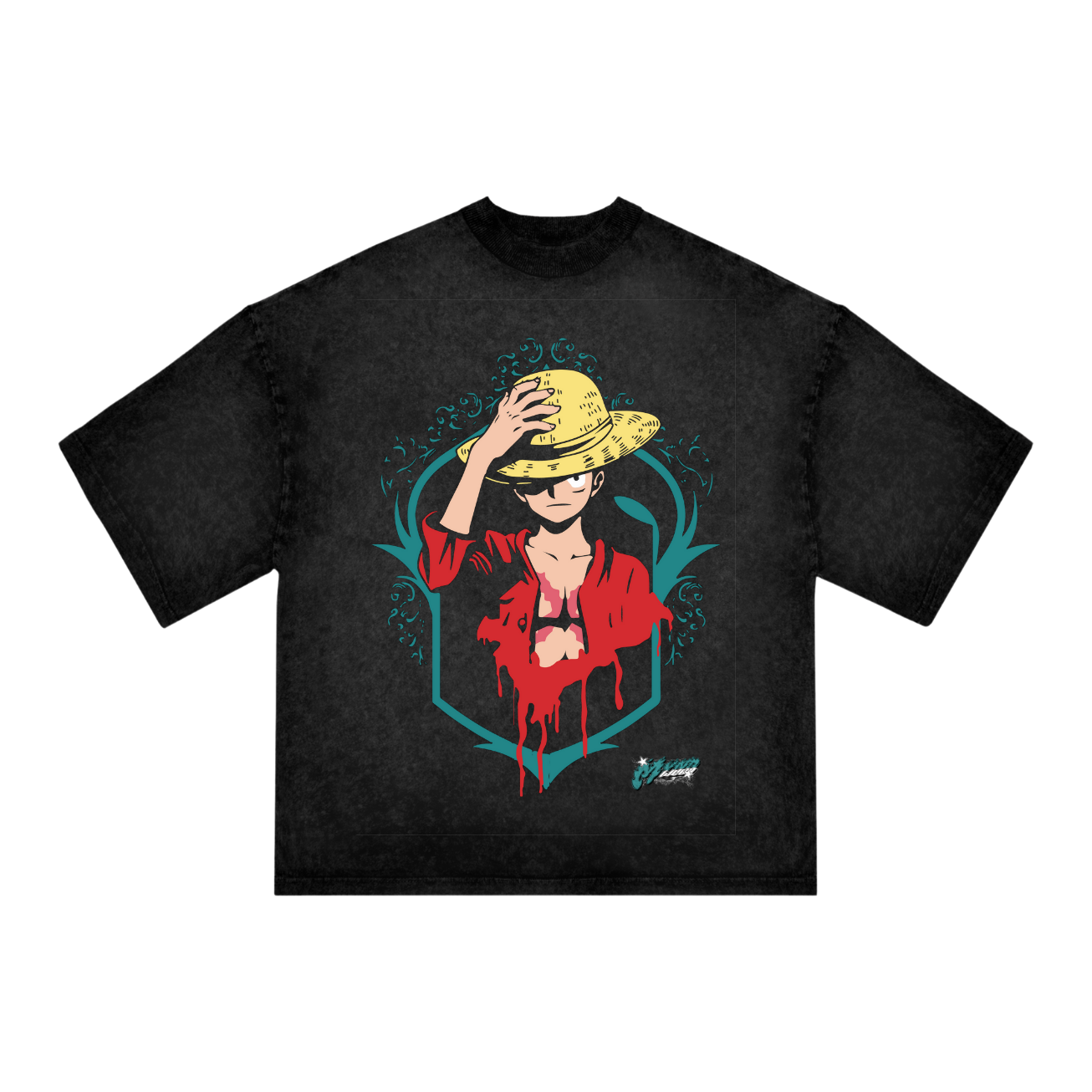 "Luffy Anime T-Shirt – One Piece Oversized Black Acid Wash Tee | Monkey D. Luffy Straw Hat Streetwear"