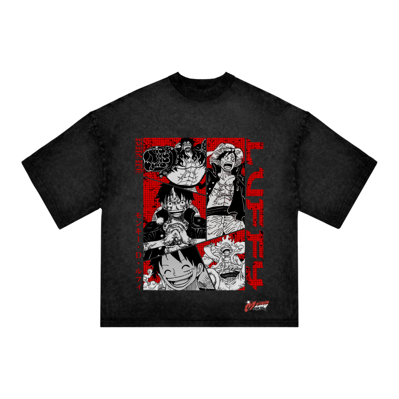 "Luffy Anime T-Shirt – One Piece Oversized Black Acid Wash Tee | Monkey D. Luffy Manga Panel Streetwear"