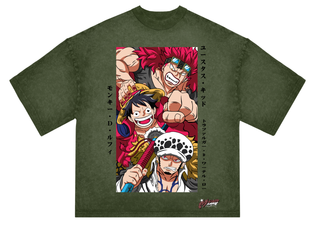 "One Piece Trio Anime T-Shirt – Oversized Green Acid Wash Tee | Luffy, Kid & Law Alliance Streetwear"