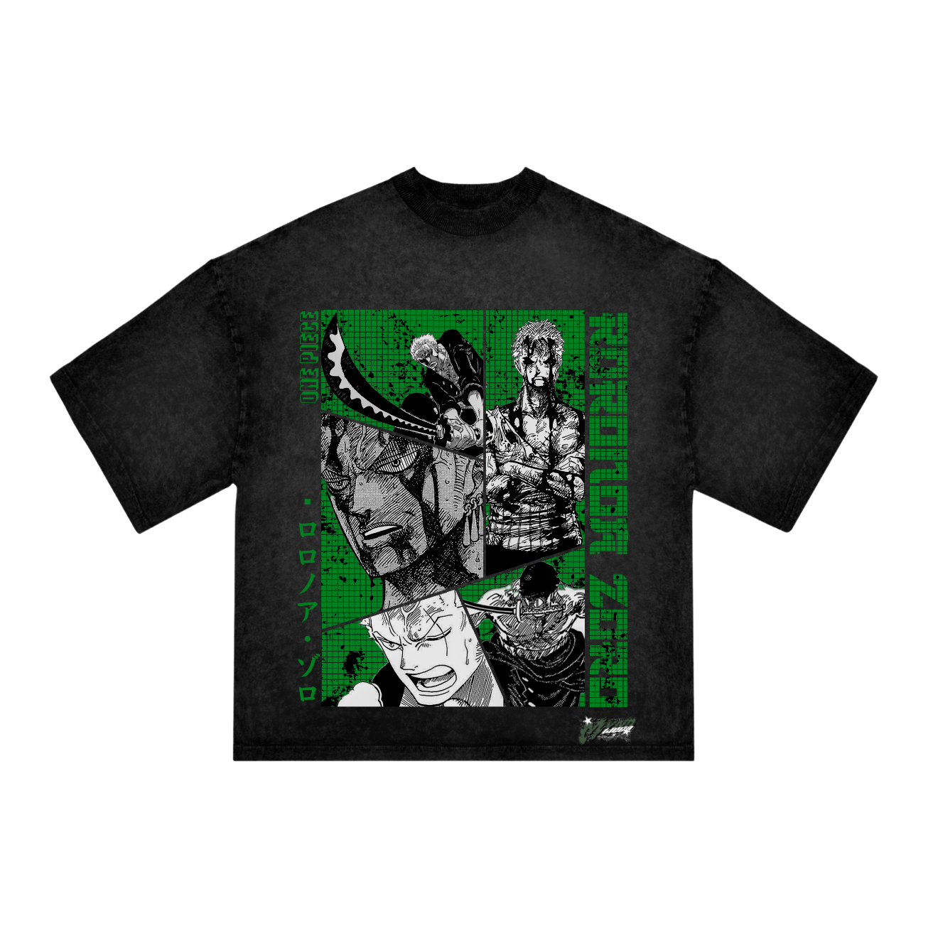 "Zoro Anime T-Shirt – One Piece Oversized Black Acid Wash Tee | Roronoa Zoro Manga Panel Streetwear"