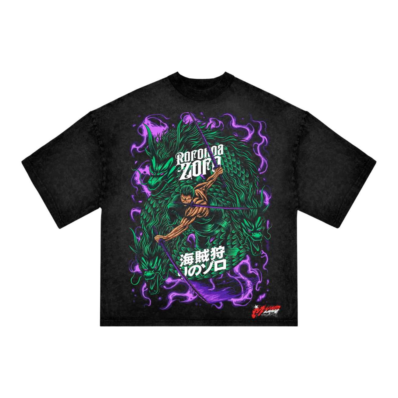"Zoro Anime T-Shirt – One Piece Oversized Black Acid Wash Tee | Roronoa Zoro Dragon Aura Streetwear"
